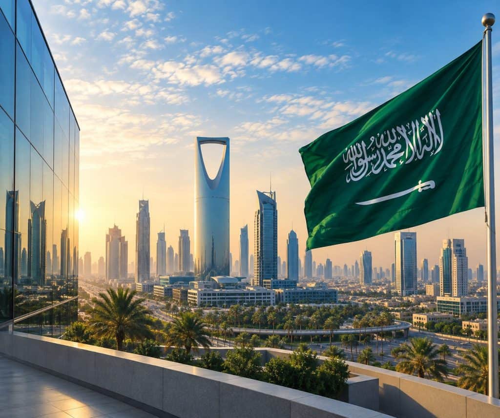 مشهد لمدينة الرياض مع العلم السعودي في الهواء الطلق.